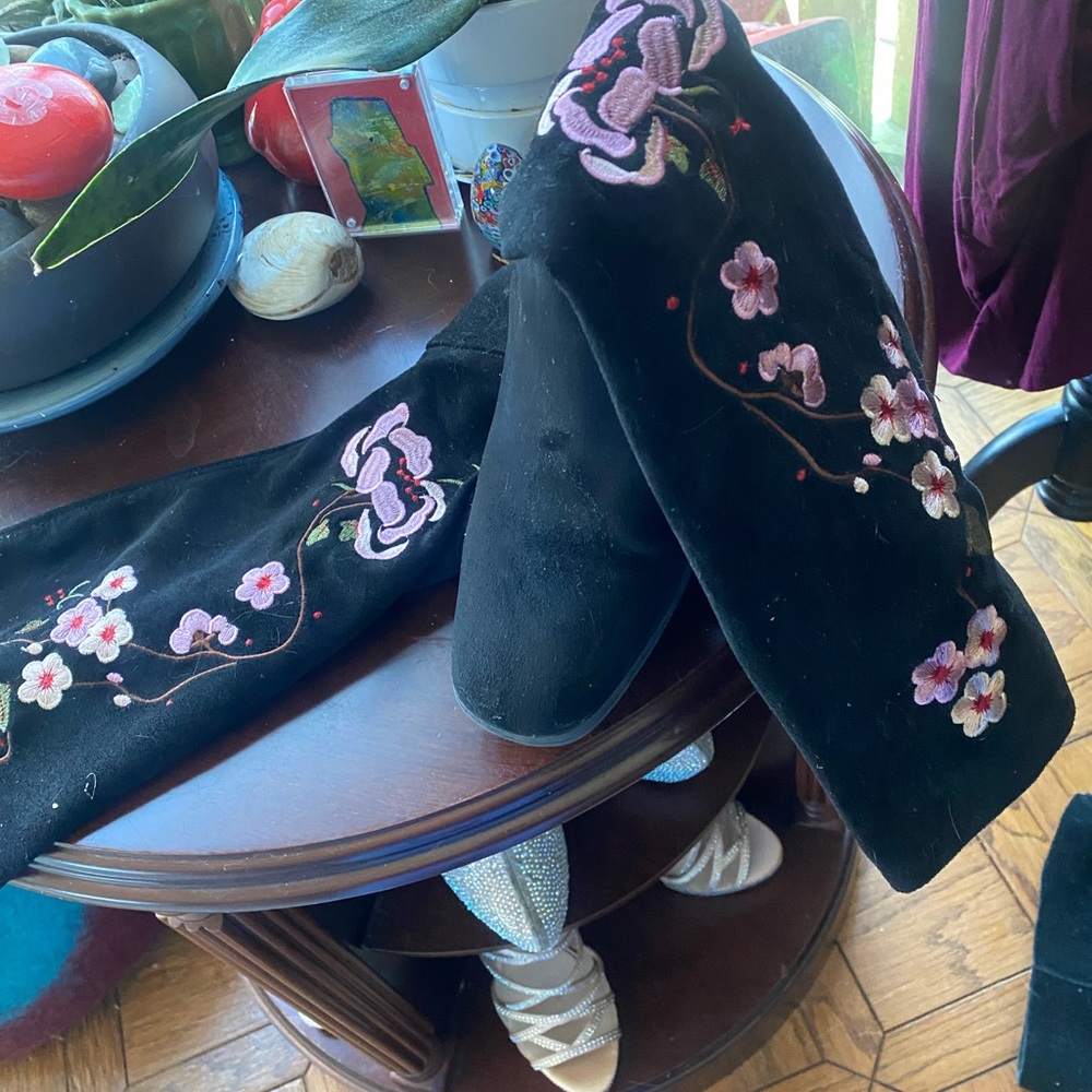 Embroidered Knee High Cherry Blossom Rose Plum Black Suede Low Block Heel Worn3X